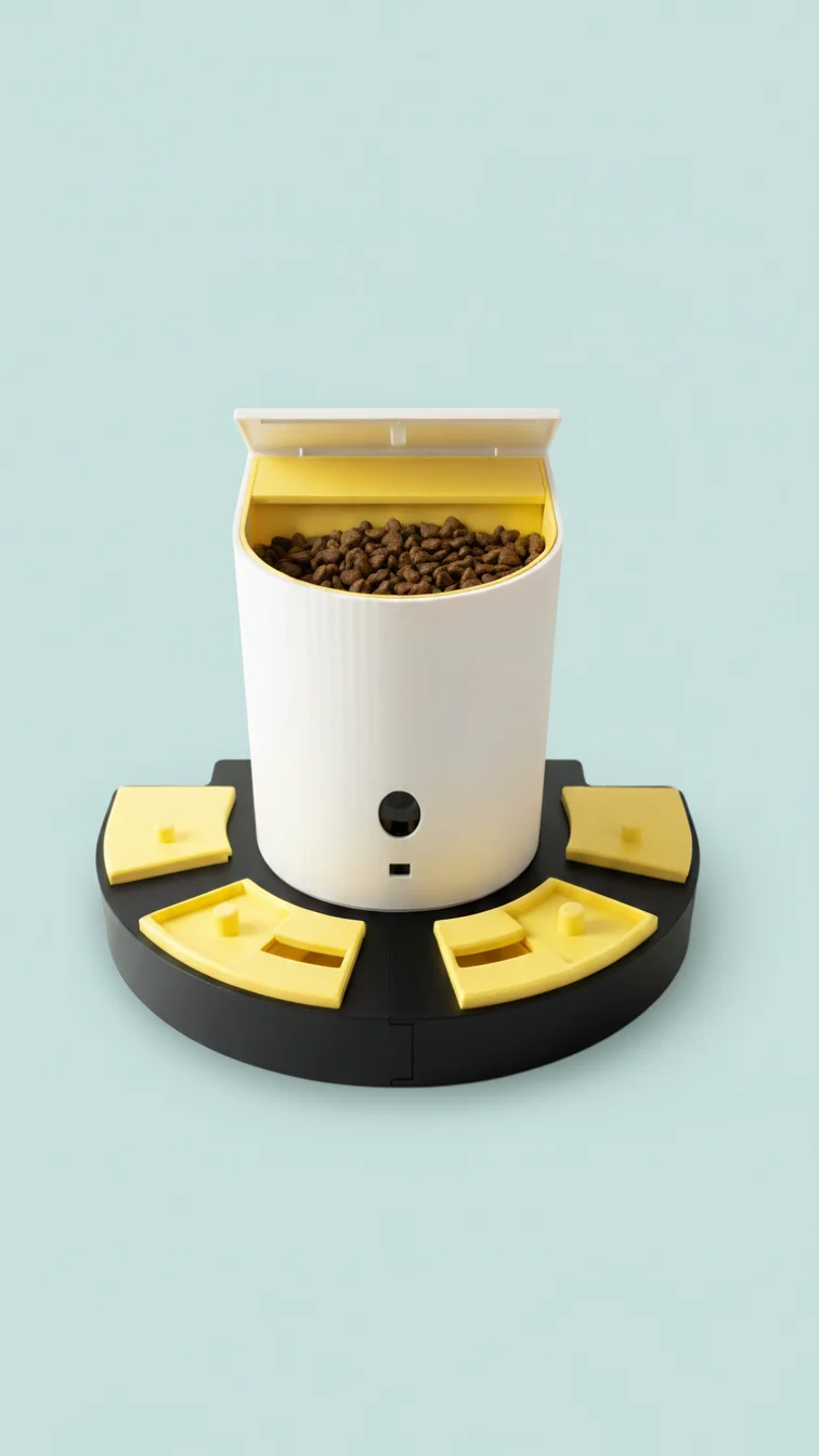 The Anxious Dog smart enrichment system, featuring the dispenser and puzzle base